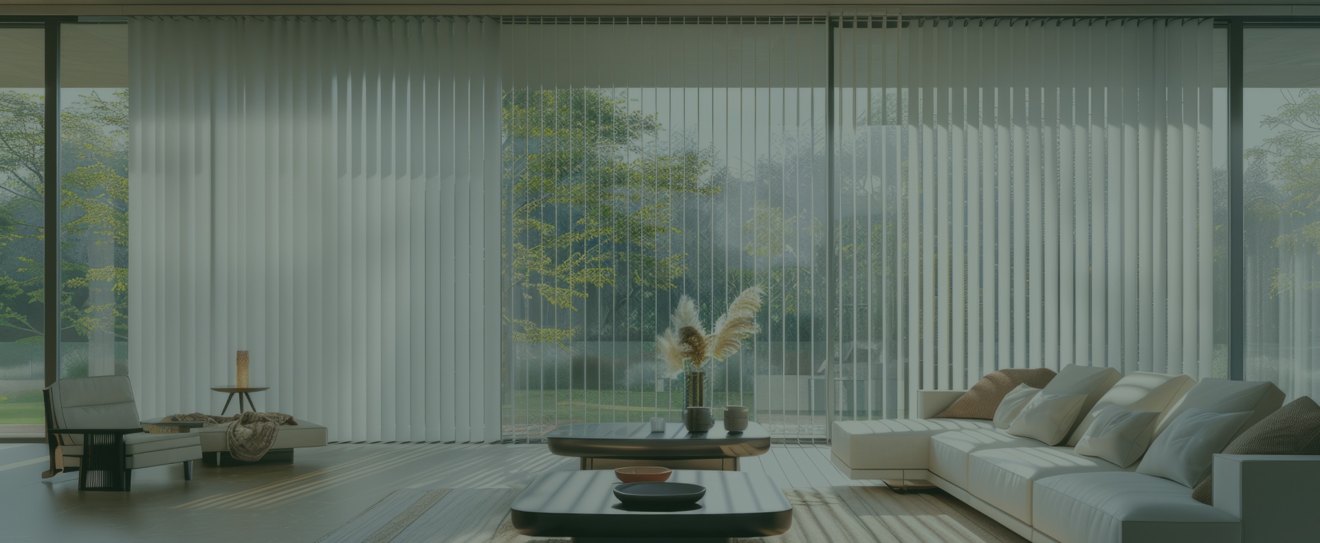 Interno moderno con tende a lamelle bianche, un grande divano beige, un tavolino nero, e una vista su un giardino verde e luminoso.